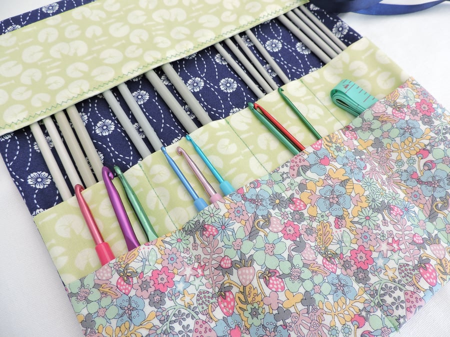 Knitting Needle Crochet Hook Roll  Navy and Green