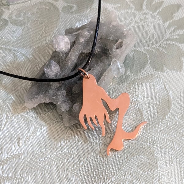 Small Copper Mermaid Pendant on a Black or Turquoise Waxed Cotton Cord