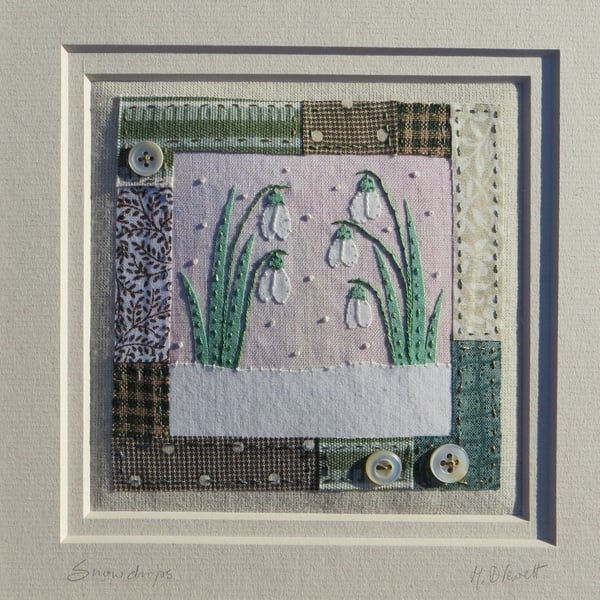 Framed snowdrop applique with vintage fabrics & very old mother of pearl buttons