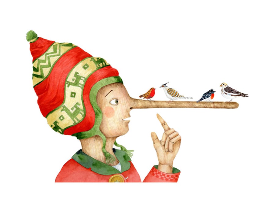 Pinocchio and birds Illustration Giclee A4 print