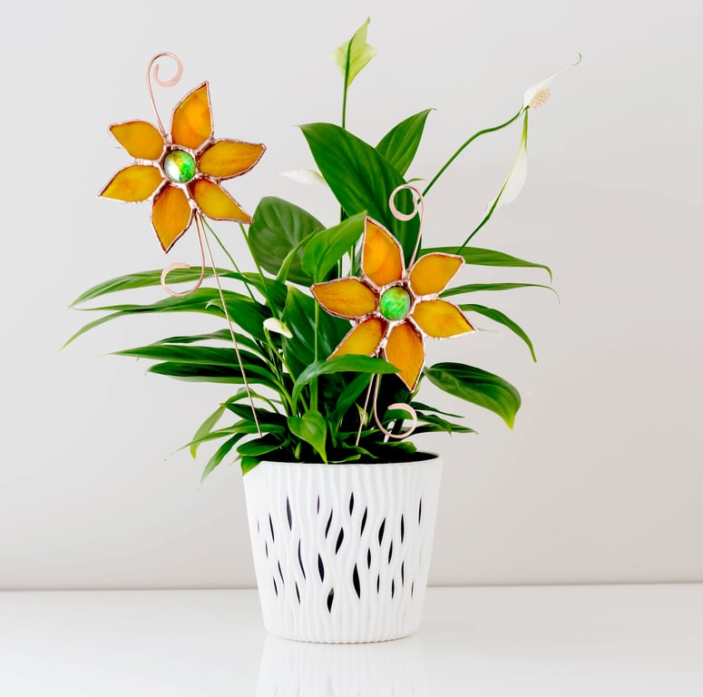 Stained Glass Plant Pot Stakes Ornament Sunshine Yellow  Mother's Day Gift