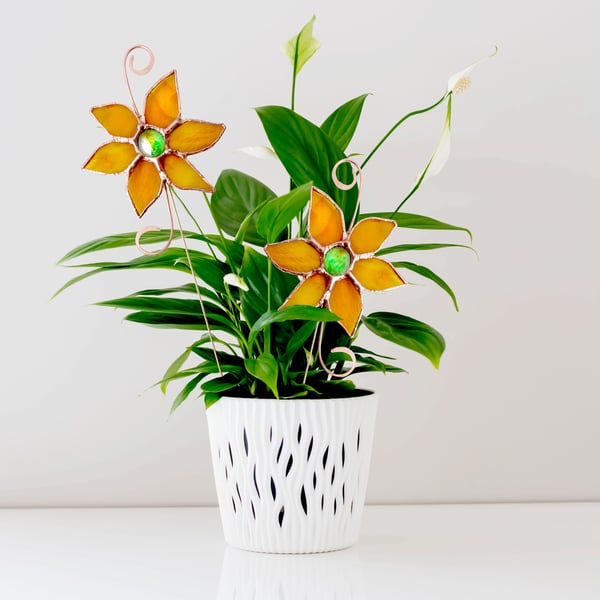 Stained Glass Plant Pot Stakes Ornament Sunshine Yellow  Mother's Day Gift
