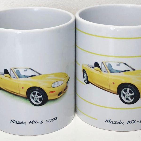 Mazda MX-5 Mk2 2003 (Yellow) - 11oz Ceramic Mug - Plain or Stripy Design