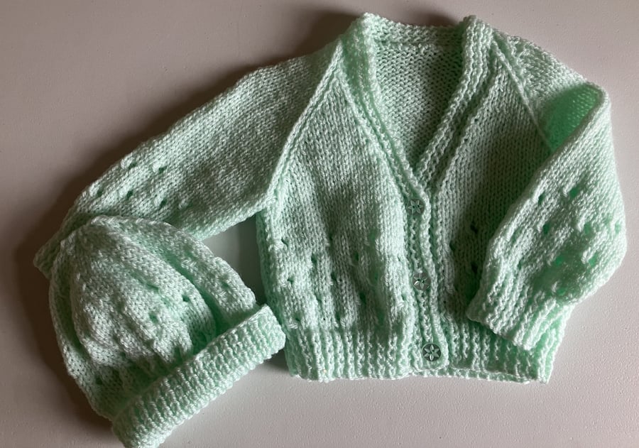 Pale Green Baby Cardigan and Hat, Newborn Cardigan and Hat, Handmade in the UK