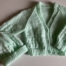 Pale Green Baby Cardigan and Hat, Newborn Cardigan and Hat, Handmade in the UK