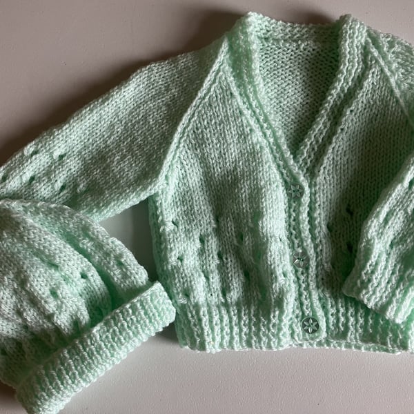 Pale Green Baby Cardigan and Hat, Newborn Cardigan and Hat, Handmade in the UK
