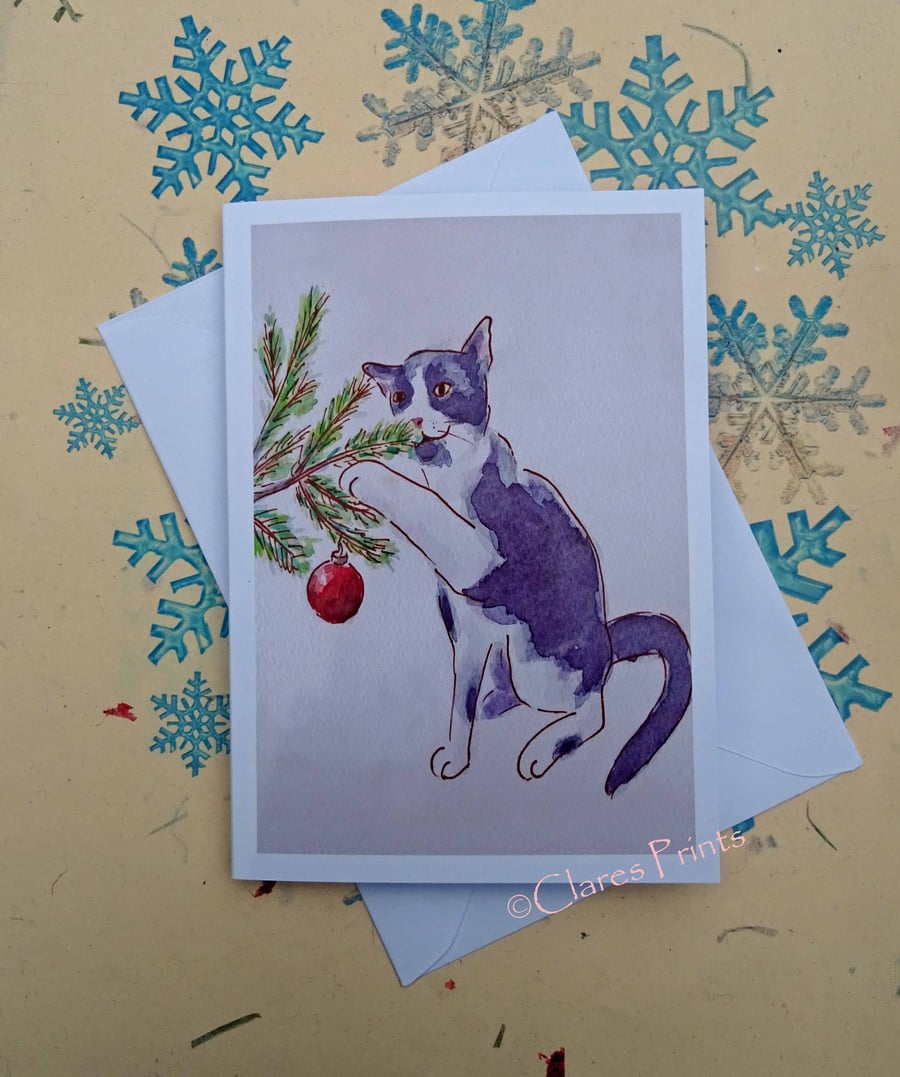 Christmas Kitten Cat Art Greeting Card from Watercolour Painting