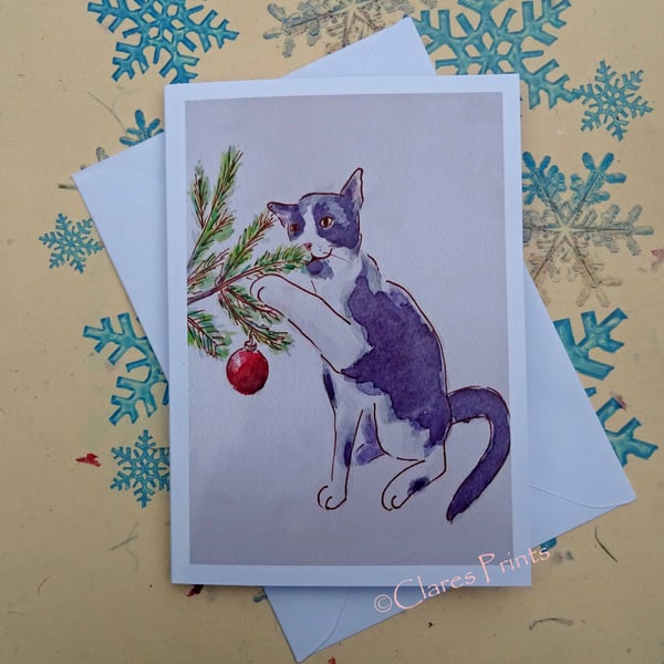 Christmas Kitten Cat Art Greeting Card from Watercolour Painting