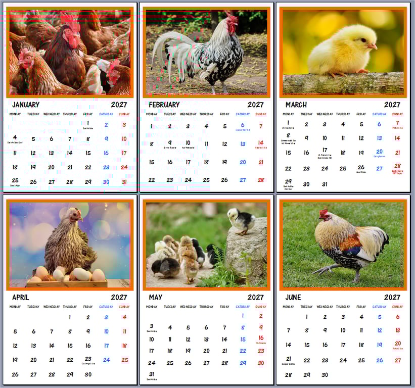 2027 Calendar Chickens A4 Page Per Month 