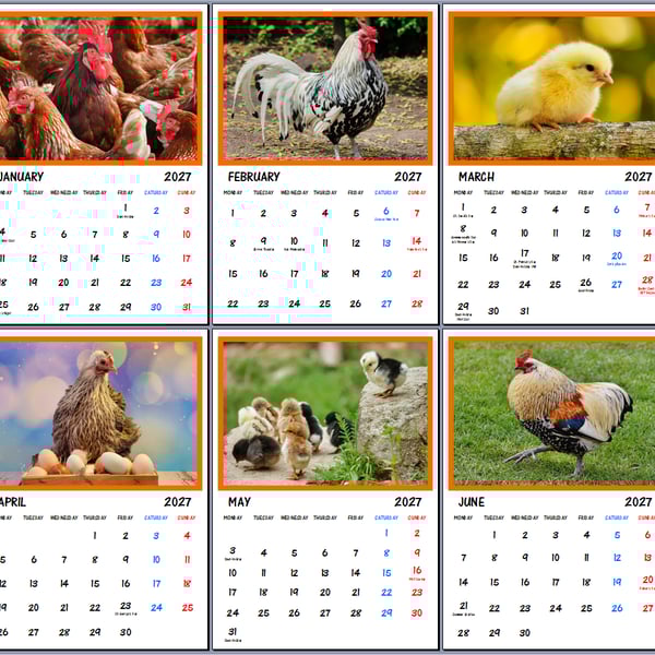 2027 Calendar Chickens A4 Page Per Month 