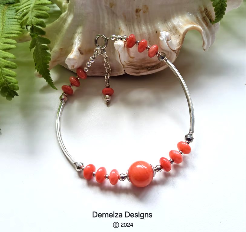 Designer Eco Reclaimed Peach Coral Sterling Silver Bracelet Free size