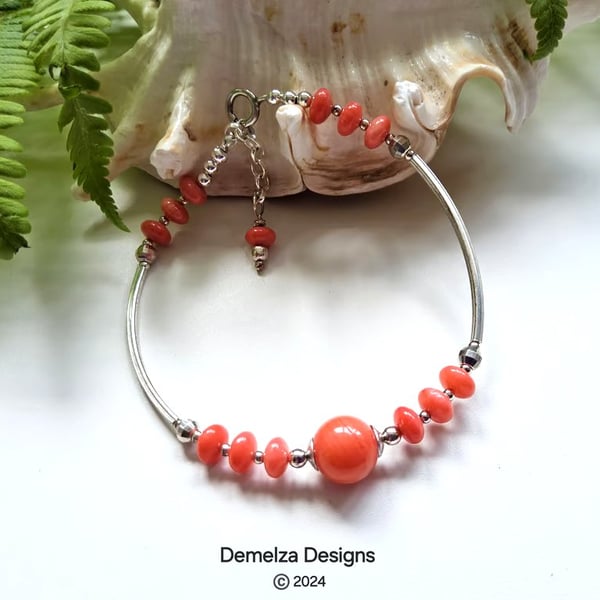 Designer Eco Reclaimed Peach Coral Sterling Silver Bracelet Free size