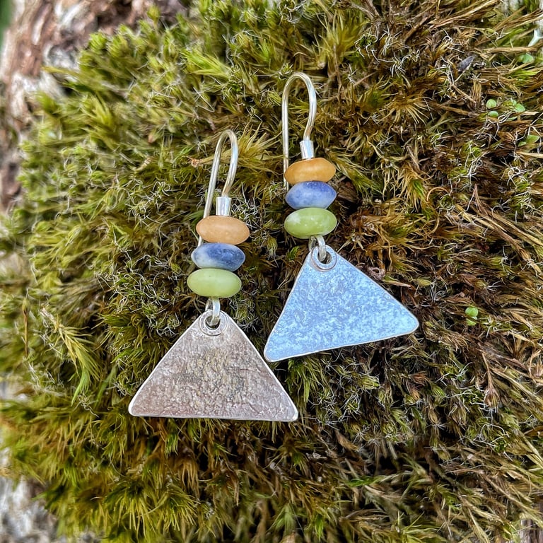 Sterling silver triangle drop earrings with colourful frosted gemstone beads