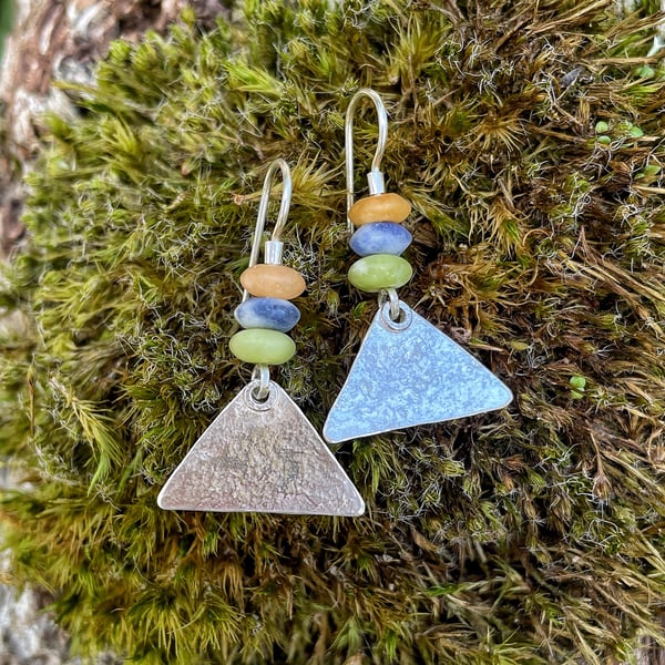 Sterling silver triangle drop earrings with colourful frosted gemstone beads