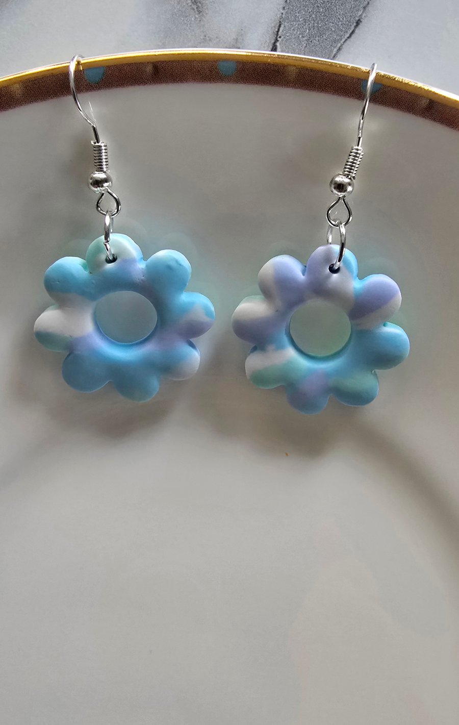 Polymer clay flower dangle earrings on silver plated earhooks