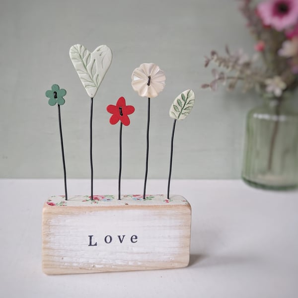Heart and Button Flowers in a Painted Wood Block 'love'