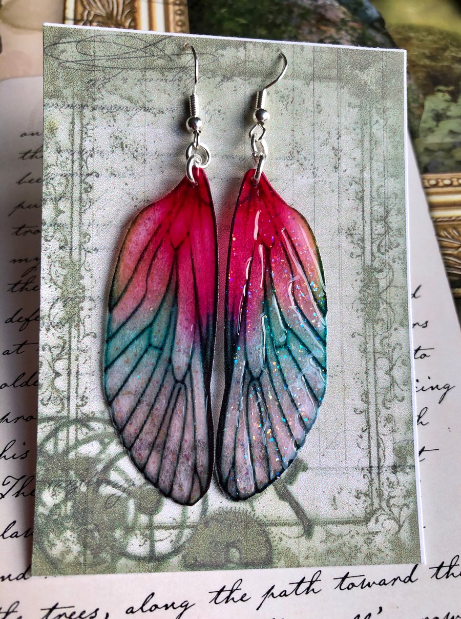 Dark Pink Shimmering Fairy Wing Sterling Silver Earrings