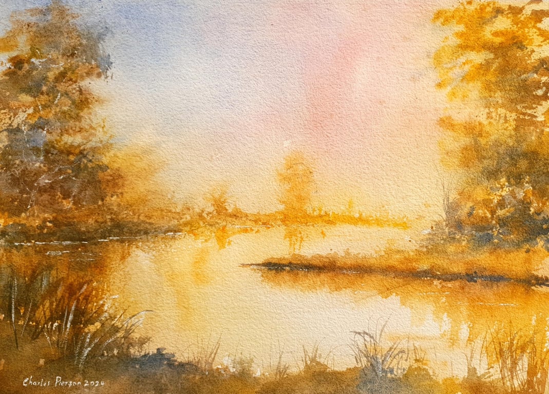 Original Watercolour Landscape. Golden Dawn .15x11 inches. Unframed