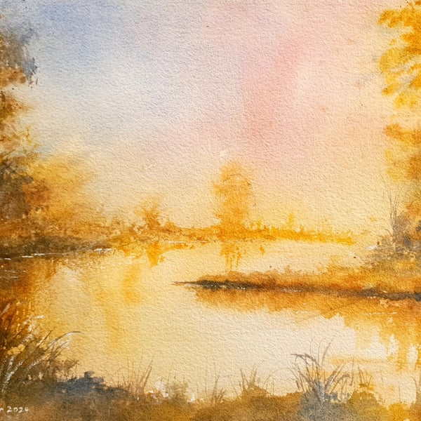 Original Watercolour Landscape. Golden Dawn .15x11 inches. Unframed