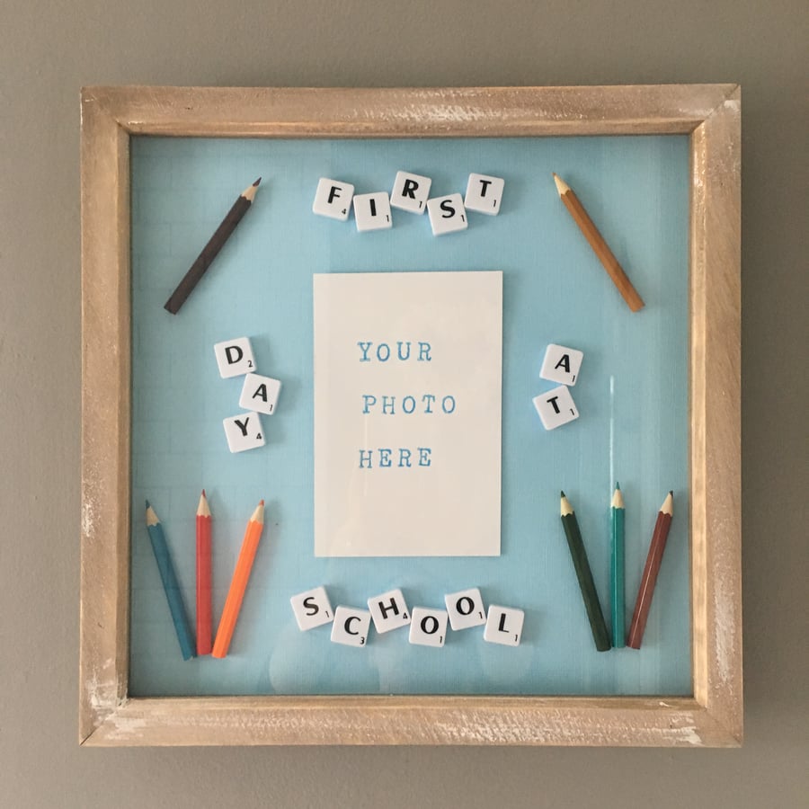 Bespoke handmade Scrabble letter large (12") ‘first day at school’ pictures