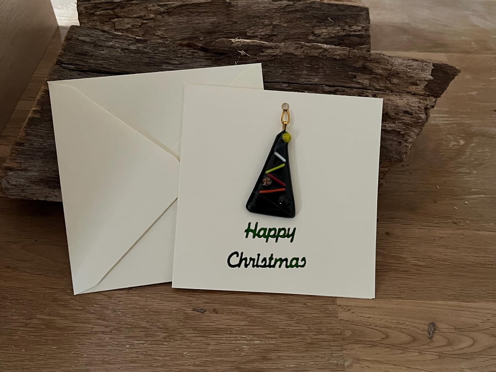 Handcrafted Christmas Card with Artisan Fused Glass Tree Decoration Keepsake