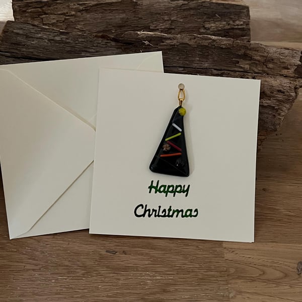 Handcrafted Christmas Card with Artisan Fused Glass Tree Decoration Keepsake