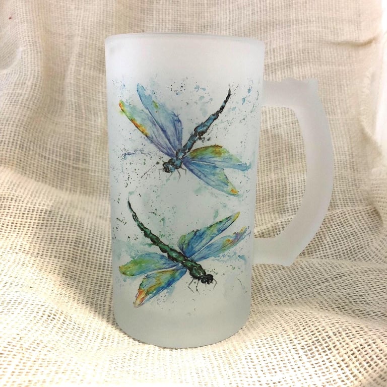Dragonflies Frosted Glass Tankard, Beer Stein, 500ml Drinks Glass with Handle. W