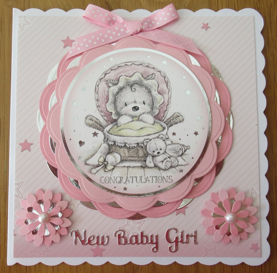 Bear In Cot - 7x7" New Baby Girl Card