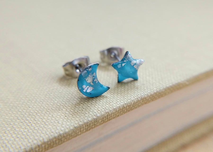Turquoise and silver celestial stud earrings