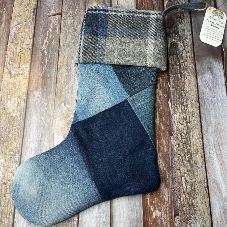 Tweed Upcycled Denim Christmas Stocking, Stormy Seas Christmas Stocking, Santa S