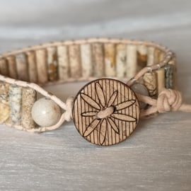 SALE Jasper semi precious bead and tan leather bracelet with wooden button 