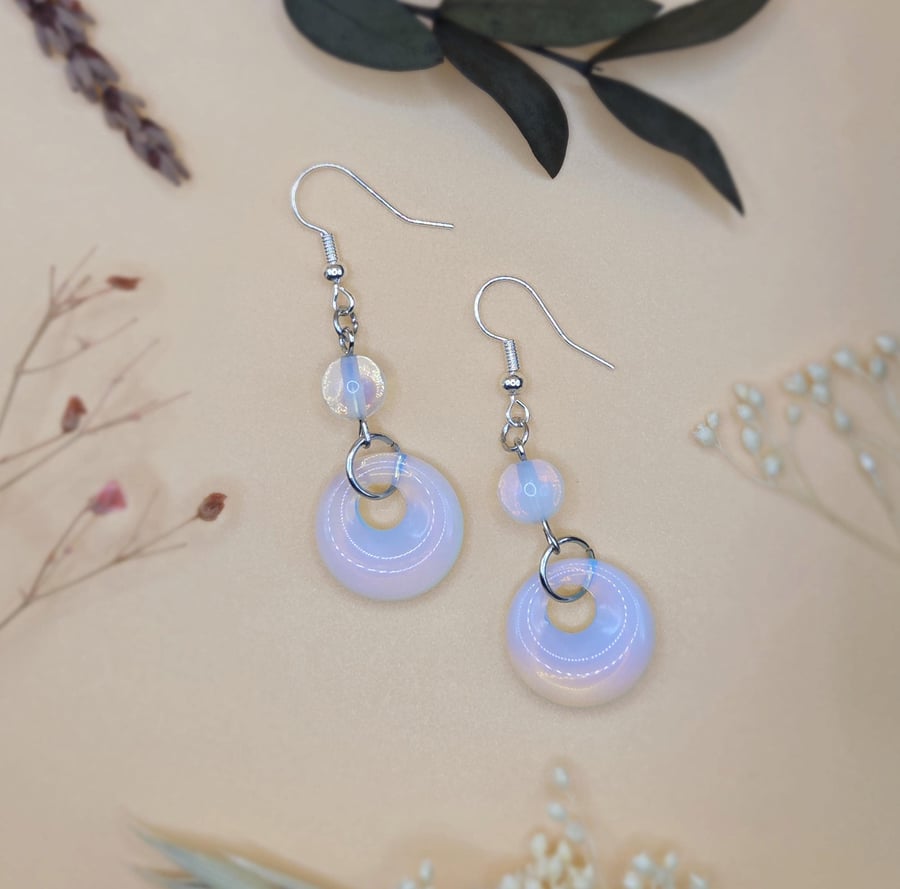 Sterling Silver Opalite Glass Donut Dangle Earrings