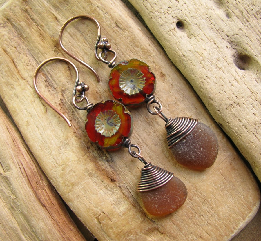 Natural sea glass and czech bead drop earrings