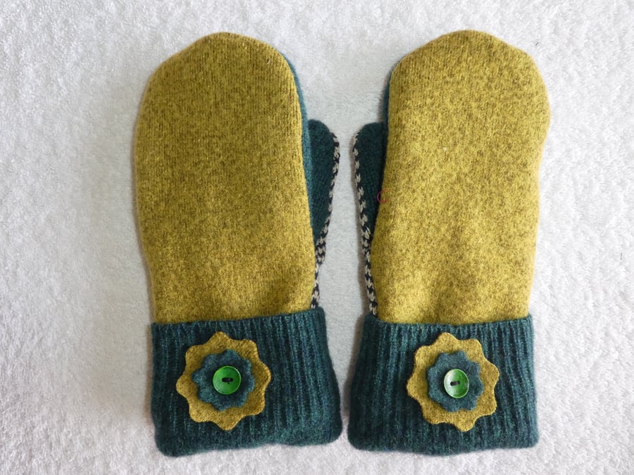 Mittens Created from Up-cycled Wool Jumpers. Fully Lined. Teal Cuff