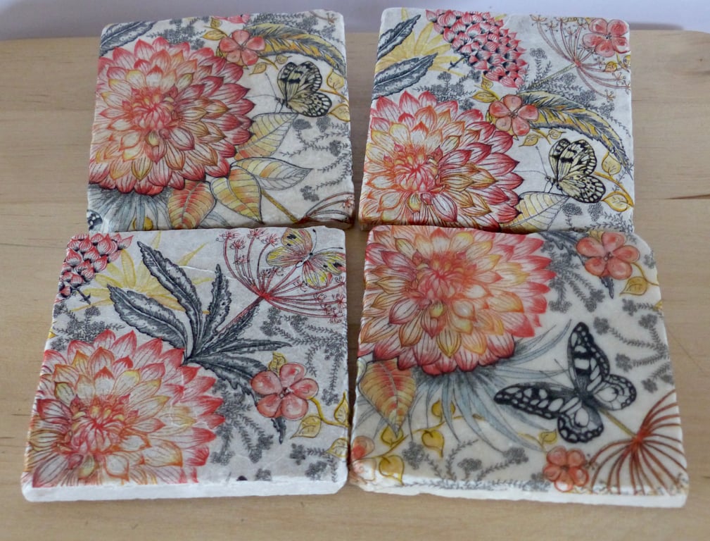 Set of 4 'Floral' Marble Coasters