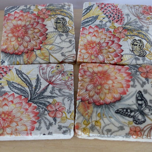 Set of 4 'Floral' Marble Coasters