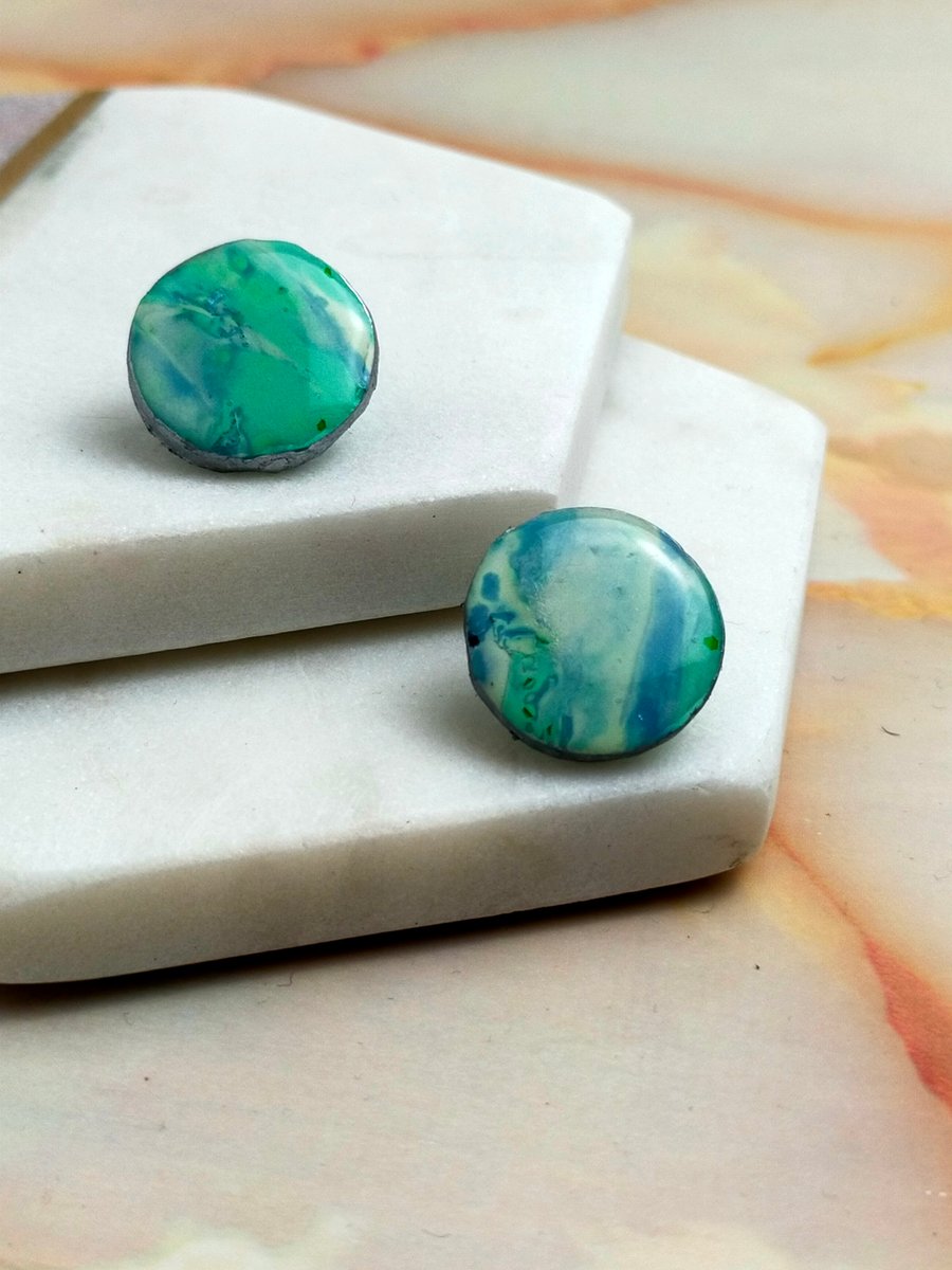 Handmade Green & Blue Marble Circle Stud Earrings