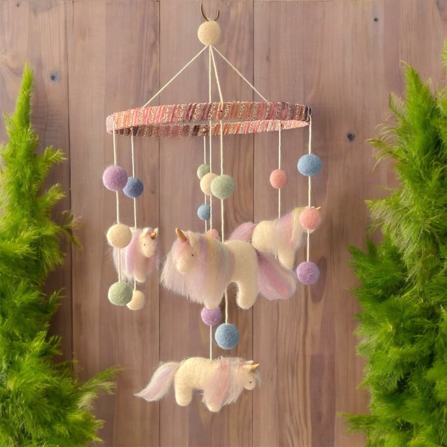 Unicorn baby mobile, felted with pastel coloured balls and heart