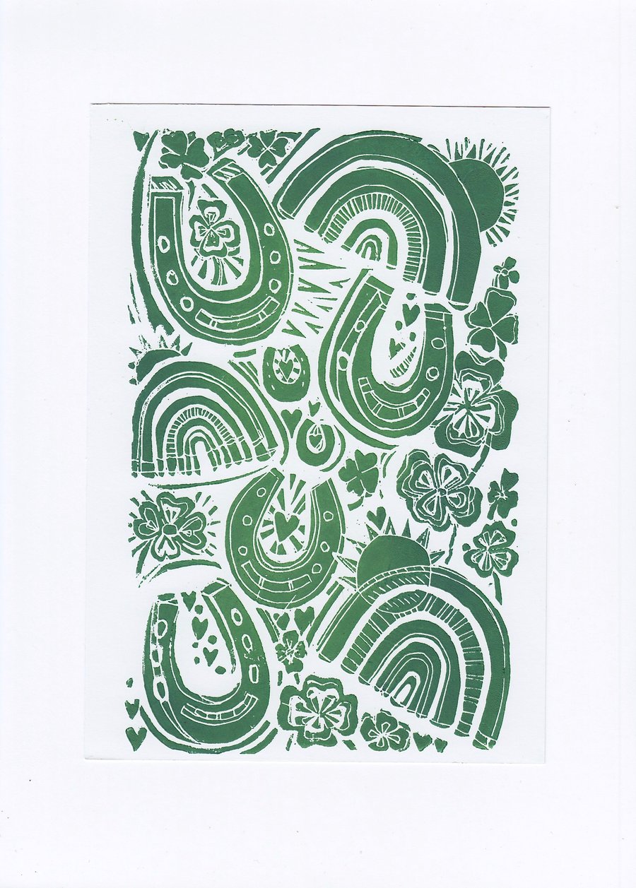 Good Luck Charm Linocut Print.  St Patricks Day 