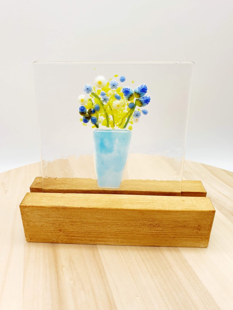 Fused Glass ‘Everlasting Flowers in a Vase’ on a wooden stand
