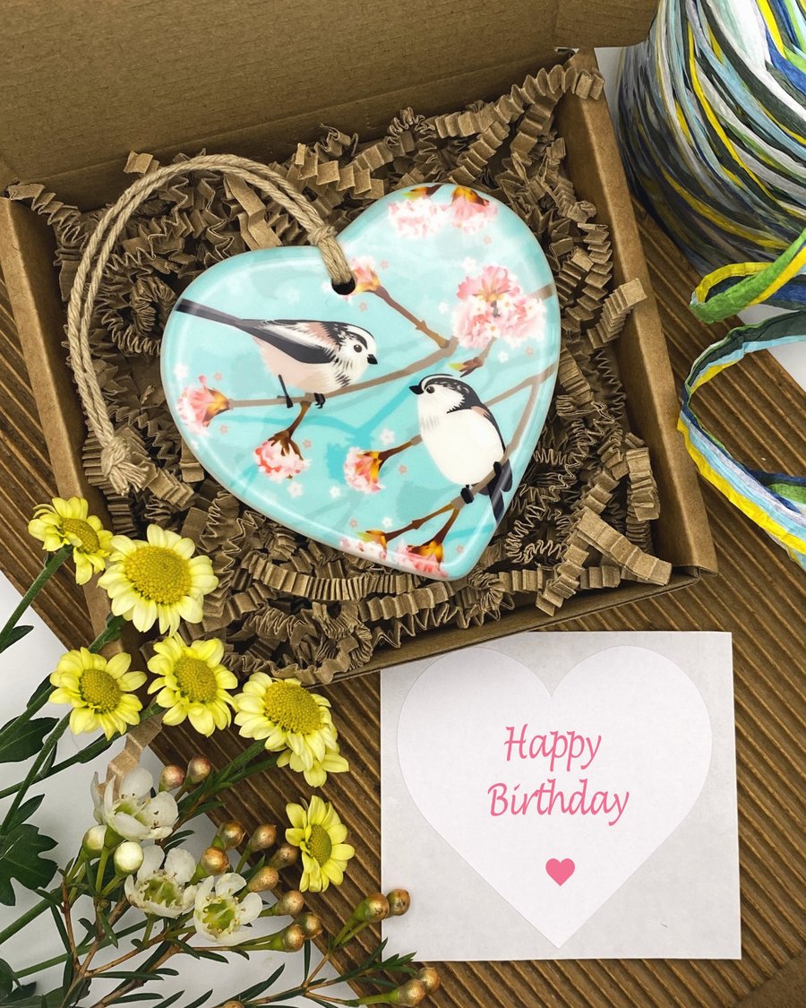 Long Tailed Tits on Spring Blossom - Keepsake Gift & Hanging Decoration
