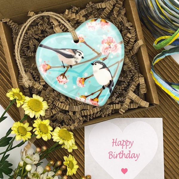 Long Tailed Tits on Spring Blossom - Keepsake Gift & Hanging Decoration
