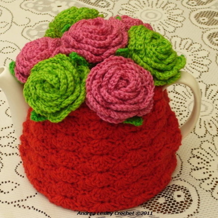 4-6 Cup Crochet Tea CosyRed with Roses (Made to order)