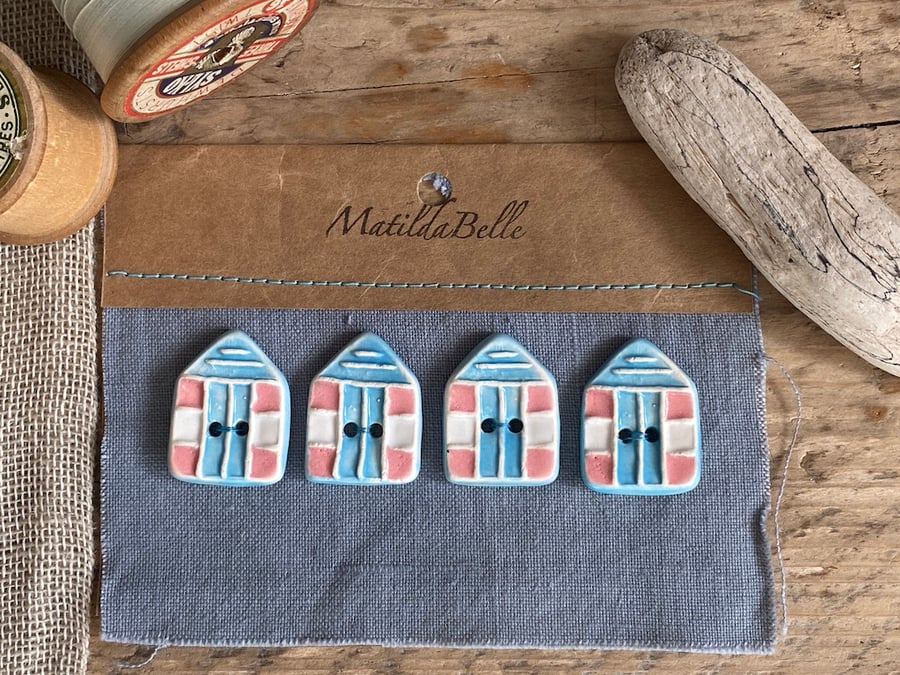 Handmade Ceramic Beach Hut Buttons set of Four