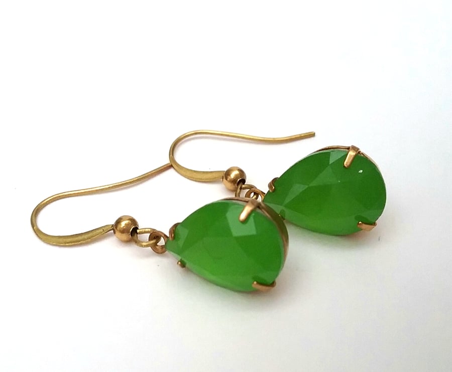 Shamrock Green Vintage Glass Earrings 