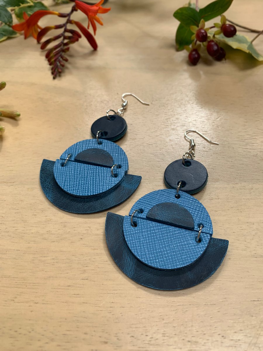 Leather earrings handmade in blues
