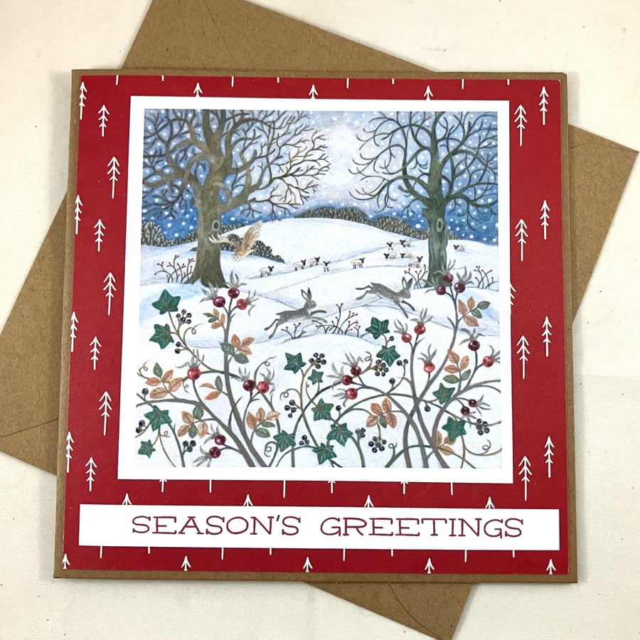 Christmas card - Countryside winter hares