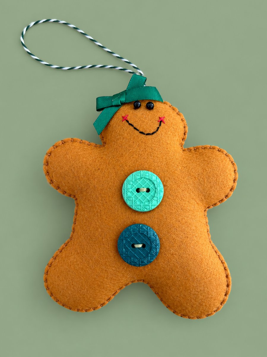 Handmade Felt Gingerbread Girl Christmas Decoration – Teal Buttons & Green Bow