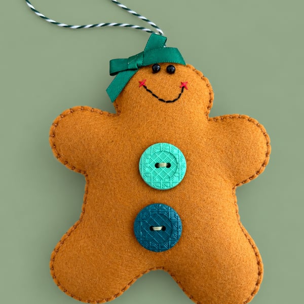 Handmade Felt Gingerbread Girl Christmas Decoration – Teal Buttons & Green Bow