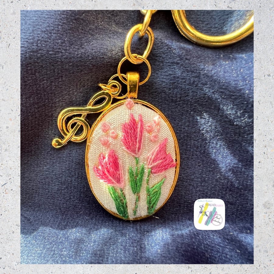 Hand embroidered Keychain, floral embroidered, Tulip needlework, golden look, wi